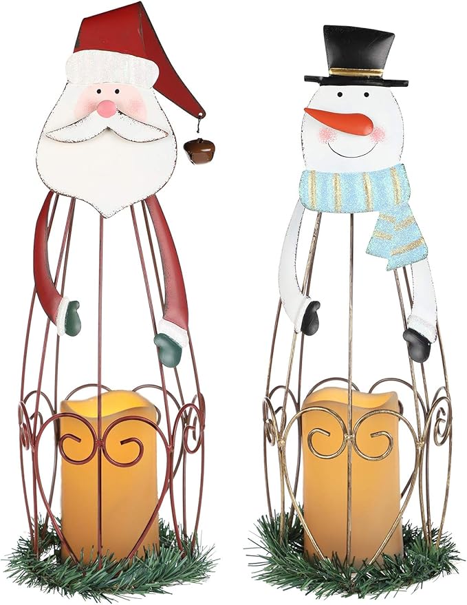 MorTime 2 Pack Christmas Candle Lantern with LED Lights, Metal Lighted Santa Claus Lanterns for Christmas Holiday Home Decorations
