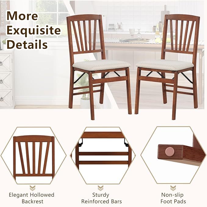 COSTWAY Folding Dining Chairs Set of 4, Upholstered Wooden Dining Room Chairs with Fabric Padded Seat, Solid Wood Frame and 400LBS Capacity for Kitchen Apartment (Beige & Brown)