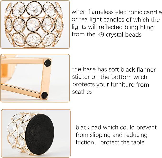 VINCIGANT Gold Crystal Candle Holders Decorative Candelabra 3 Arms with 6Pcs Tea Light Candle Holders for Wedding,Anniversary Center Pieces,Dinner Party Table Decor Candles Centro de mesa para boda