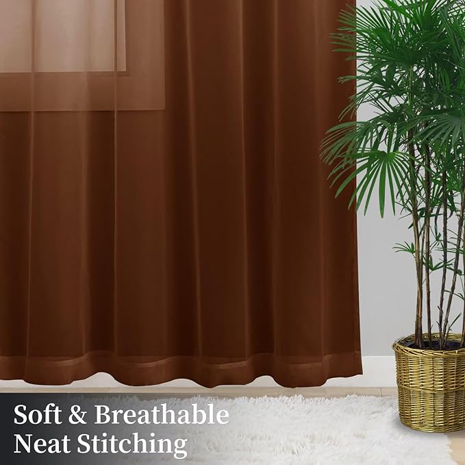 Sheer Curtains 72 Inches Long 2 Panels, Rod Pocket Short Curtain for Kitchen, Bedroom, Cafe Window(Brown 38" W x 72" L)