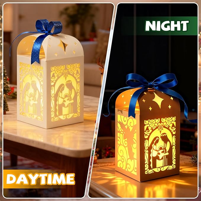 OuMuaMua Christmas Nativity Centerpiece Table Decorations, 6 Pcs Light Up Nativity Scene Paper Lanterns Decorative Glitter Table Centerpiece Boxes for Religious Xmas Holiday Party Home Decor