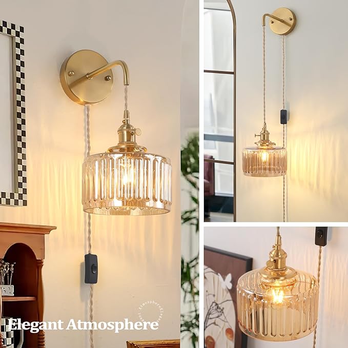 Vintage Wall Sconce Wall Lamp with Amber Striped Glass Shade Hanging Wall Sconce with 4.9FT Plug in Cord, Modern Wall Lamp Fixtures Decor for Bedside Bedroom Indoor Doorway