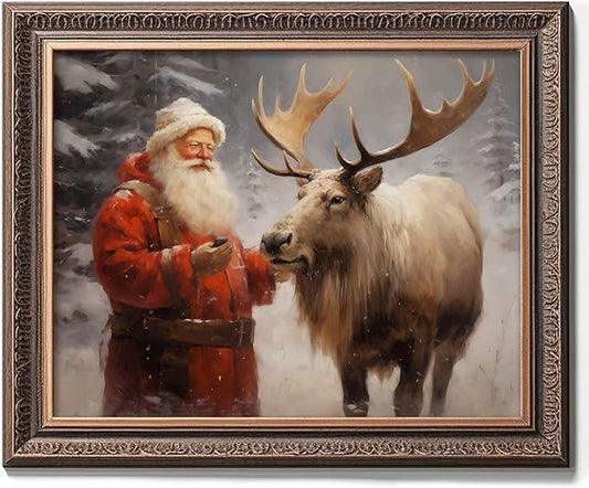 Santa's Reindeer Print, Vintage Christmas Wall Art, Christmas Painting Decor Christmas Art, Santa Claus and Reindeer Xmas Home Decor Trendy Poster Rustic Nordic Decor Winter