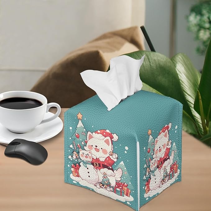 Christmas Tree Cat Tissue Box Cover Square Christmas Decor Tissue Box Holder Cute Leather Tissue Holder Tissues Cube Box Cover for Bathroom Organizer Dispenser