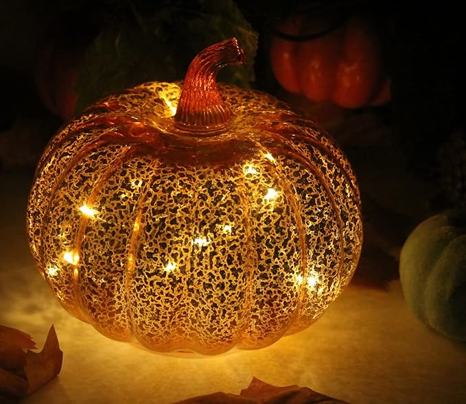 Mercury Glass Pumpkin Light with Timer, with 10 Fairy Lights Inside,Battery Operated Led Pumpkin Light,Ideal for Halloween Fall Decoration, Thanksgiving Rustic Decor, Xmas Decor (Gold)