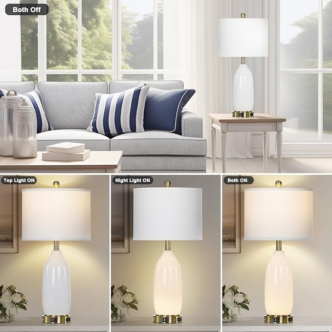 26" Modern White Glass Table Lamps Set of 2,Nightstand Lamp with USB A+C Ports & AC Outlet,Bedside Lamps with 3-Way Dimmable Touch Control Night Light for Bedroom Living Room Side Table