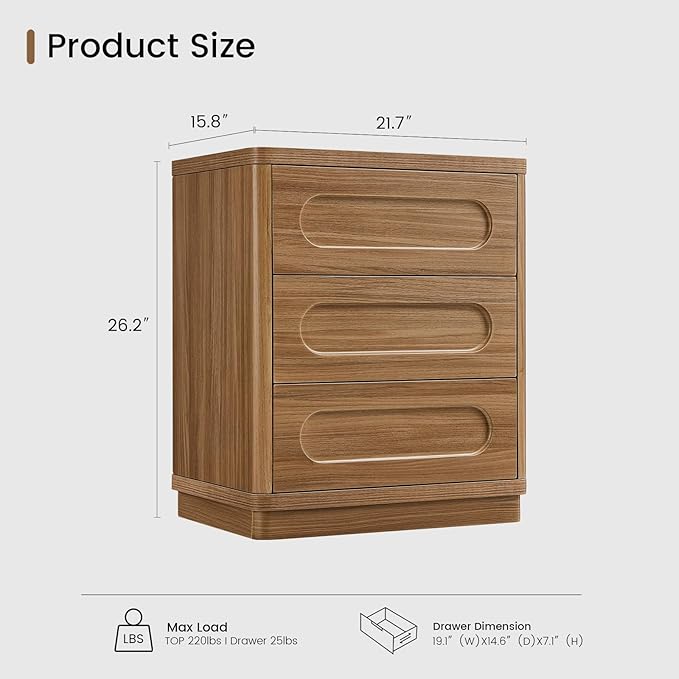 Night Stand, Nightstand with 3 Drawers, 21.7''(W) x 15.8''(D) Large Night Stand Bedside Tables for Bedroom, Modern Storage Bedside Table for End Tables, Sofa, Oak Brown