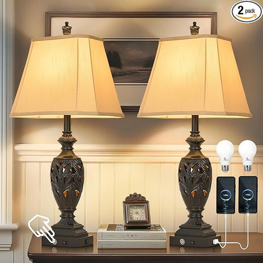 29.5" H Touch Traditional Table Lamp Set of 2,Vintage Bedside Nightstand Lamps with Dual USB and Night Light, 3-Color Hollow Out Leafwork Black Gold Finish Desk Lamps for Living Room,Bedroom