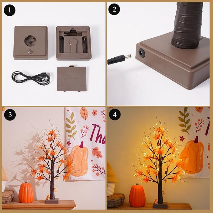 24” 72 LED Fall Decorations for Home, Birch Tree Lighted Fall Maple Leaves Artificial Tree LEDs Autumn and 3 Squirrel,Acorn Ornaments USB/3AA Battery Timer for Gifts Thanksgiving Indoor