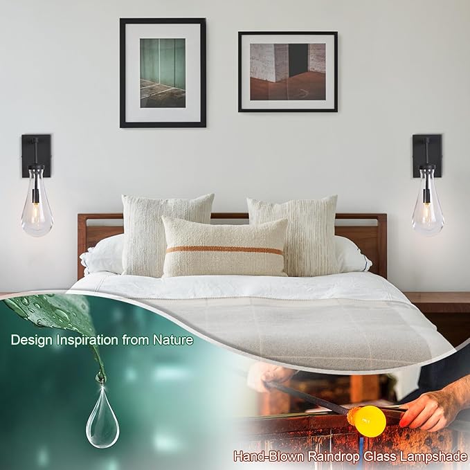 HuisMier Raindrop Wall Sconces, Black Wall Sconces with On/Off Switch, Modern Clear Glass Wall Lamp Vanity Light Fixtures for Bathroom Bedroom Living Room Hallway, Hardwired