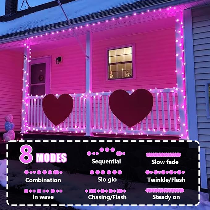 YEGUO Pink String Lights Outdoor Waterproof, 165ft 500 LED Christmas Lights Indoor, 8 Modes Clear Wire Fairy Light Plug in for Party Tree Valentines Wedding