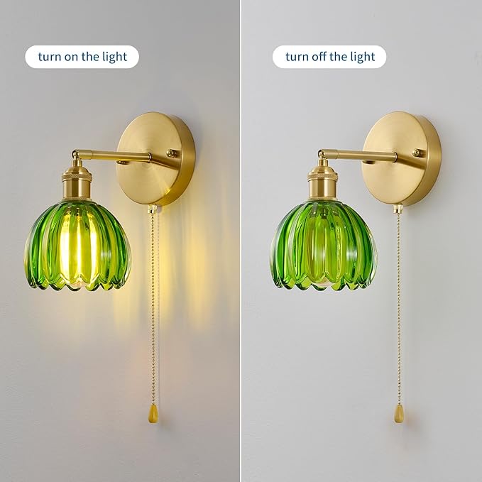 Vintage Wall Sconces with Pullswitch, 180 Degree Adjustable, Hradwired Modern Wall Lighting Fixture with Green Tulip Glass Lampshade for Bedroom Bedside Bathroom(2pack)