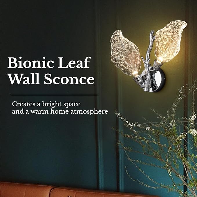 Wall Sconces, Silver Bathroom Sconces Wall Lighting with Clear Acrylic Leaf, Modern Sconces Wall Decor Wall Light fixtures for Bathroom Mirror Living Room Hallway Bedroom Stairs (1pcs,Silver)