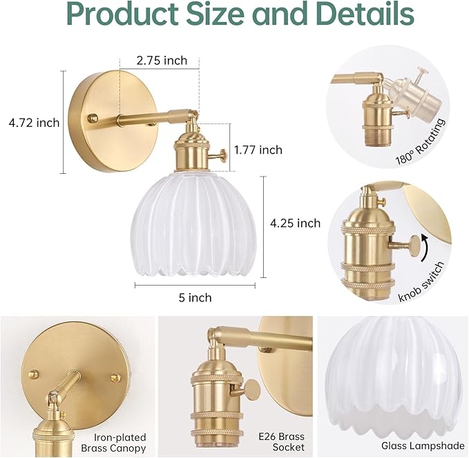 Vintage Wall Sconces with Cute White Tulip Glass Lampshade 180 Degree Adjustable Brass Sconces Hradwired Modern Wall Lighting Fixture with Switch for Bedside Bedroom Doorway