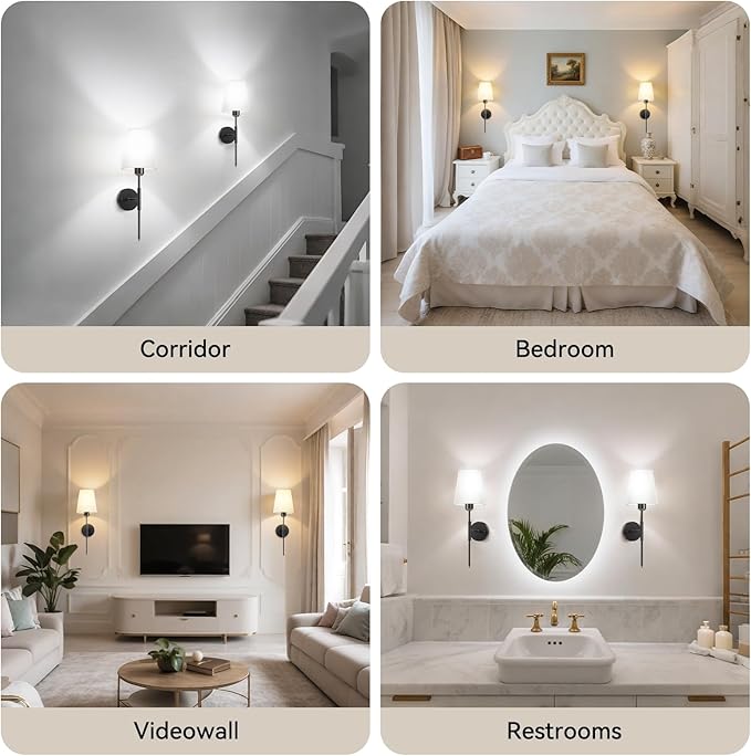 20 inch Battery Operated Wall Sconces Set of 2, Wireless Wall Lights with Rechargeable Bulbs & Remote, 15 Colors & Dimmable, Battery Powered Wall Lights for Bedroom, Living Room, Hallway, Black