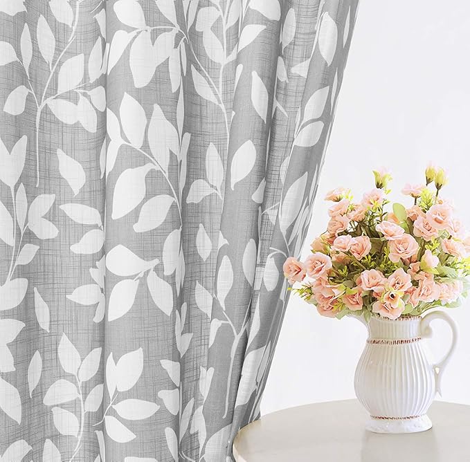 Grey and White Curtains for Bedroom 63" Length Leaf Print Curtains for Windows Semi-Sheers, Grommet Top, 2 Pack