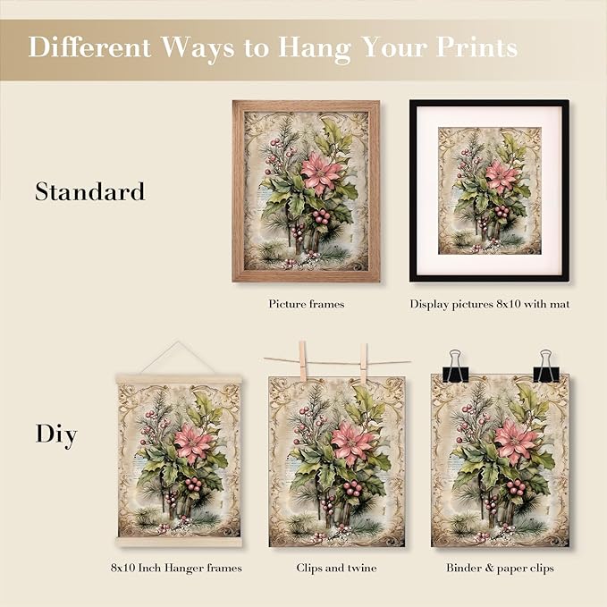 JXREQ Vintage Christmas Pictures Wall Decor Prints,Pink Christmas Wall Art Decorations for Home Kitchen Bedroom Bathroom Living Room Office,Santa Claus Xmas Tree Decor Prints Set of 4,8x10 Unframed