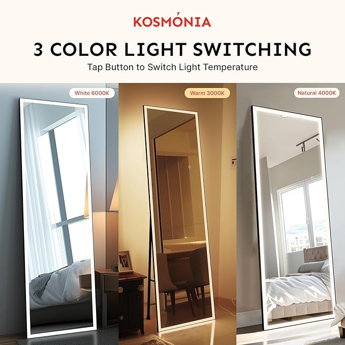Kosmonia 68x20 Full Length Mirror, Dimmable 3 Color LED Light w/Light Memory, Distortion Free Silver Coating Mirror, HD Reflection &Anti Desilvering,Tempered Glass &Shatter Proof Film Doubles Safety