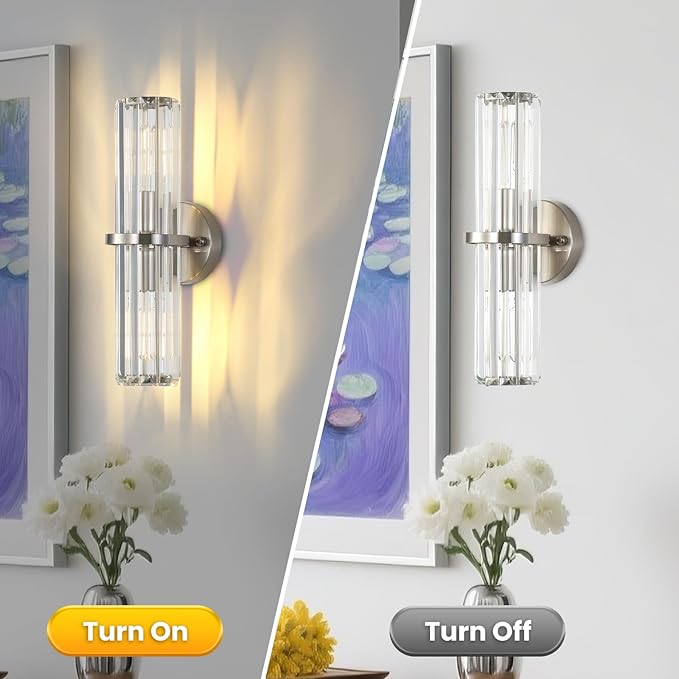 Crystal Wall Sconce Set of 2, Brushed Nickel Luxury Indoor Vanity Wall Lamp, 15.7-Inch Upper and lower illuminated Bathroom Light Fixtures, for Living Room, Bedroom, Bathroom, Hallway, Mirror, E26