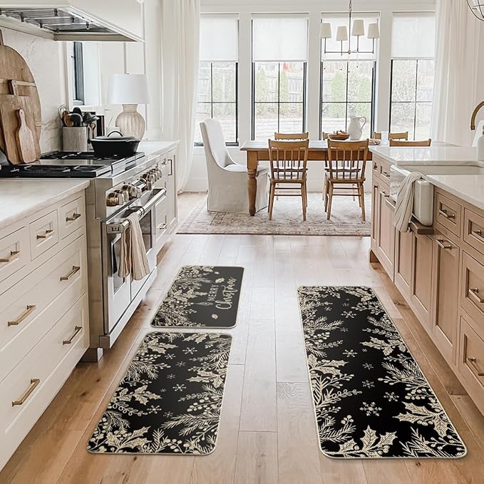 Artoid Mode Black Holly Pine Branches Merry Christmas Kitchen Mats Set of 2, Winter Decor Low-Profile Kitchen Rugs for Floor - 17"x29"+17"x36"+17"x47"