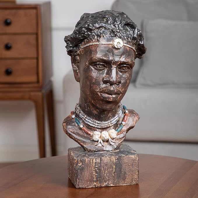 Leekung African Statues and Sculptures for Home Decor,African Figurines Head Statue Decorations for Home,African Art Sculptures Man Statue Decor for Living Room Woodstone Color
