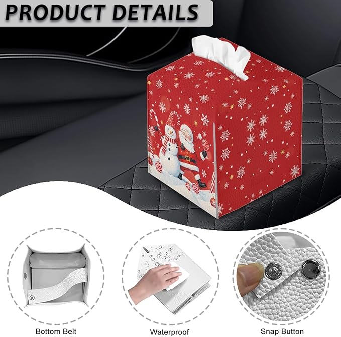 Christmas Tissue Box Cover Square Facial Tissue Holder Storage for Bedroom Bathroom Night Stand Car Santa Claus Snowman Modern Home Decorative with Buttons Napkin Case Covers