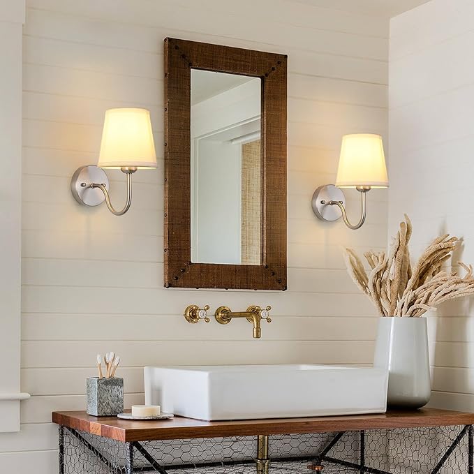 Wall Sconce Set of 2, Brushed Nickel Bathroom Vanity Sconces Wall Lighting, Indoor Wall Lights with Light Beige Fabric Shades, Wall Mounted Lamps for Bedroom Living Room Hallway