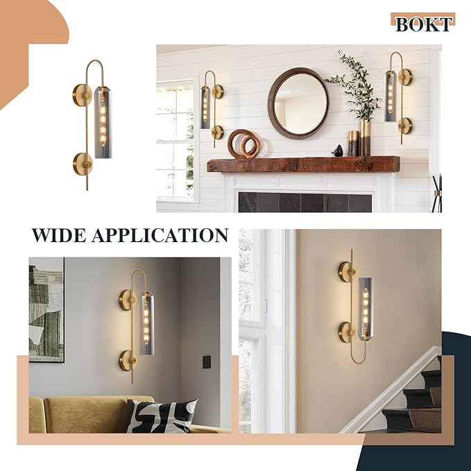BOKT Brushed Brass Gold Wall Mounted Sconce Mid Century Modern Smoke Gray Glass Wall Sconce Light Single Bathroom Bedroom Wall Lighting Fixtures for Living Room Hallway Kitchen Mirror (Smoke Gray)