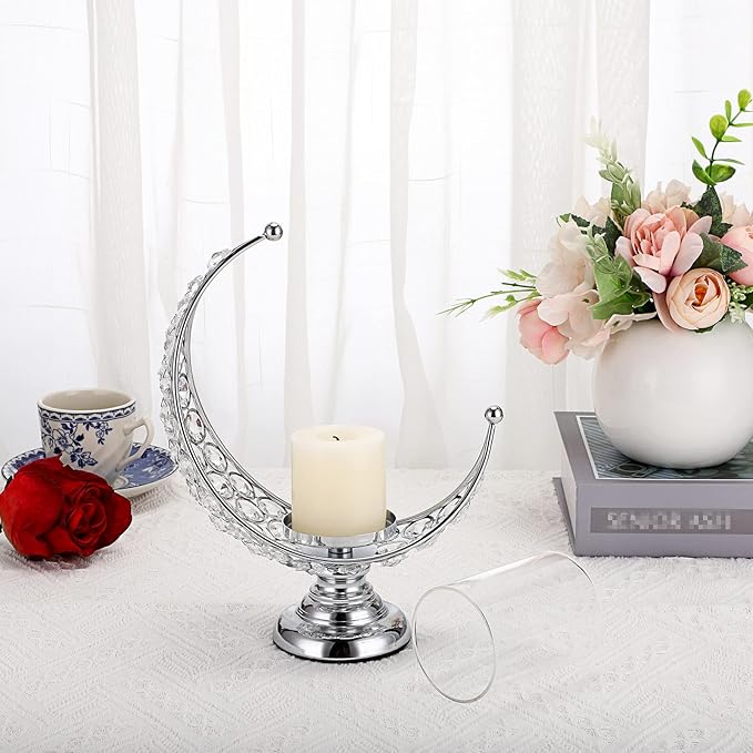 OwnMy Set of 2 Silver Moon Shaped Crystal Pillar Candle Holders Tealight Holders with Glass Covers, Metal Crystal Moon Pillar Candle Stands Votive Candlesticks Candle Lamps for Table Centerpieces