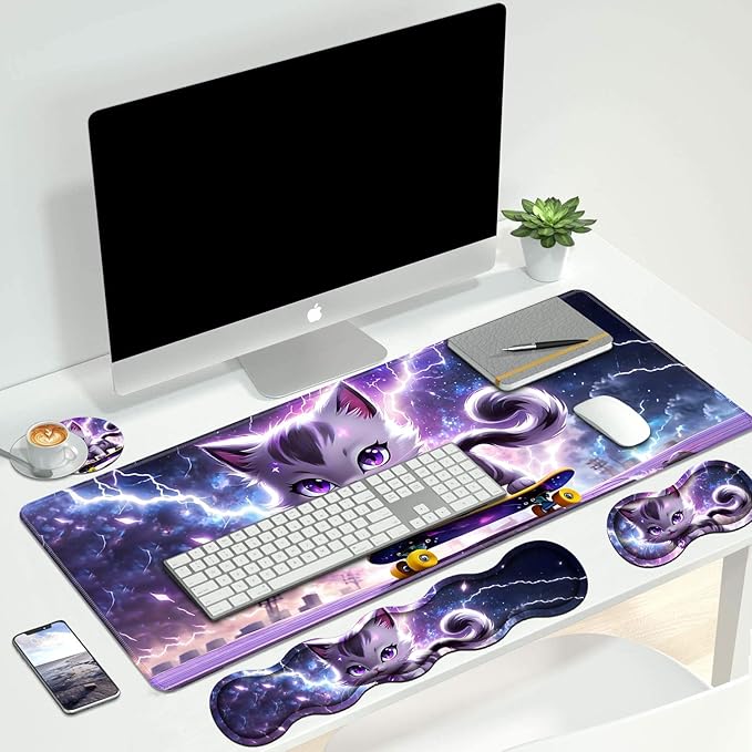 4 in 1 Ergonomic Keyboard Wrist Rest & Mouse Pad Wrist Rest Set, Large XXL Gaming Desk Mat 31.5"x 11.8" with Non-Slip Base, Memory Foam for Home Office Study Gaming, Cute Cat Playing Scooter