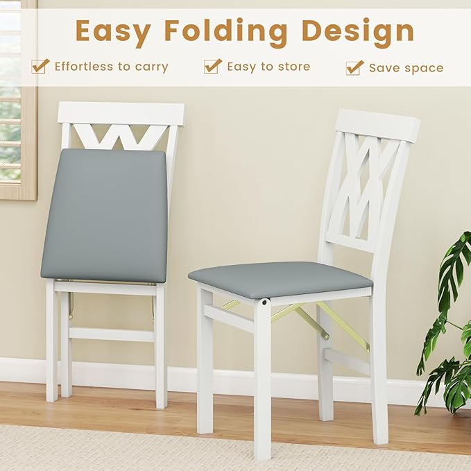 GOFLAME Folding Dining Chairs Set of 4, Foldable Kitchen Chairs with PVC Leather Padded Seat and Rubber Wood Frame, Elegant Hollowed Backrest, Wooden Dinner Chair Set for Dining Room, White