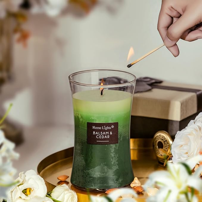 HomeLights 3-Layer Highly Scented Candles - Balsam & Cedar, Hourglass Large Jar Candles for Home - Burns Up to 100 Hours, Natural Soy Wax, Wooden Lid, 21.52 OZ