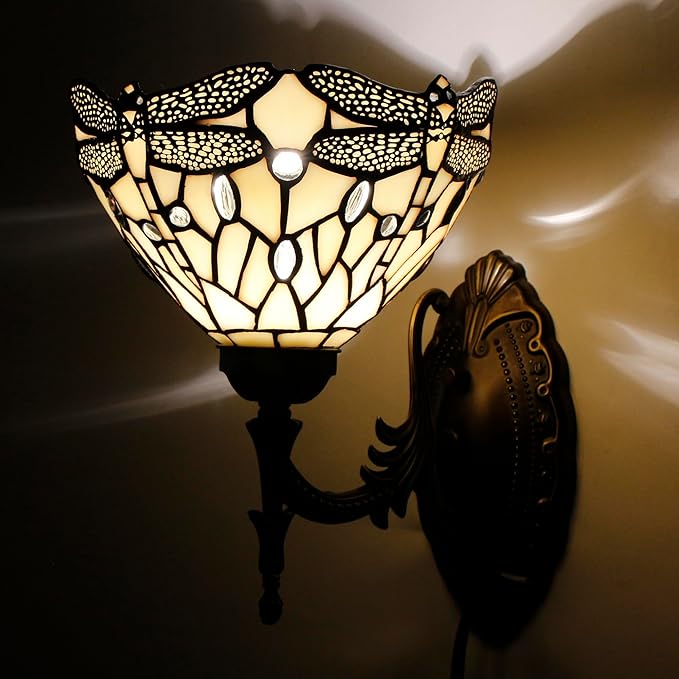 Tiffany Wall Sconce Lamp Blue Stained Glass Flower Style 8X10.5X11 Inch Plug in Wall Bedside Light for Hallway Bedroom (Amber Dragonfly Style)