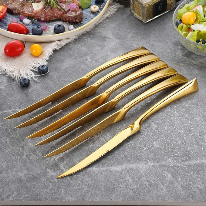 Lemeya Stainless Steel Gold Steak Knives Set of 6,Forge Steak Knife,Serrated Steak Knives Set,6 Piece Heavy Steak Knives-10 inch,Mirror Polished,Dishwasher Safe