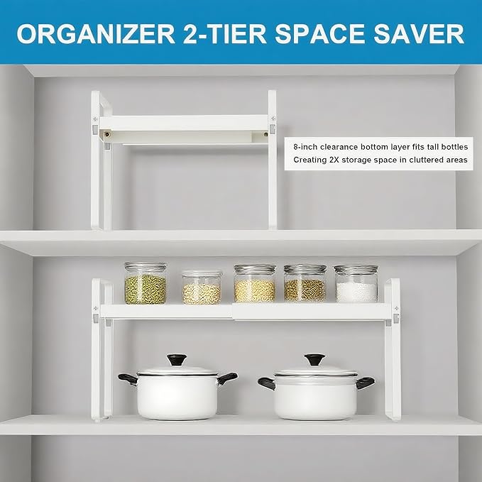 Expandable Cabinet Shelf Organizer 14-25 Inch Adjustable Length, 11" Wide 2-Tier (8" Bottom Layer) Metal Storage Rack for Kitchen Pantry, Under Sink Countertop - Heavy Duty White(2 Pack)