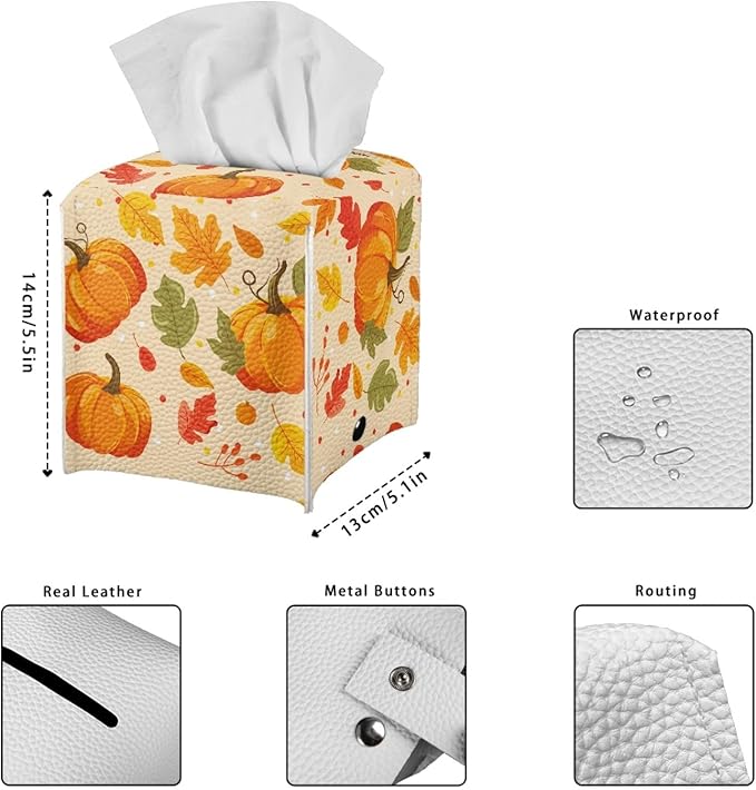 Pumpkin Maple Leaf Tissue Box Holder Square Tissue Holder Organizer Modern Napkin Cover for Bedroom Dresser Night Stand Office Desk PU Leather Decorative Organizer Thanksgiving Home Decor
