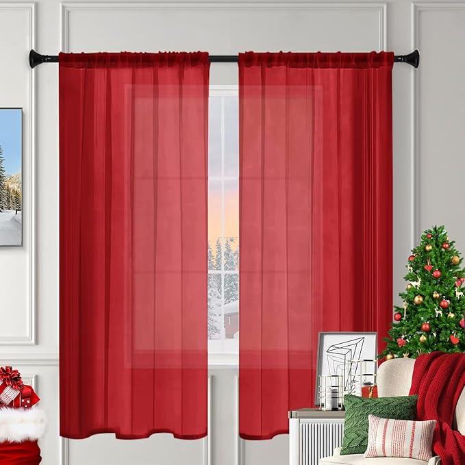 Sheer Curtains 45 Inches Long 2 Panels, Rod Pocket Short Curtain for Kitchen, Bedroom, Cafe Window(Christmas Red 38" W x 45" L)