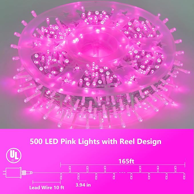 YEGUO Pink String Lights Outdoor Waterproof, 165ft 500 LED Christmas Lights Indoor, 8 Modes Clear Wire Fairy Light Plug in for Party Tree Valentines Wedding