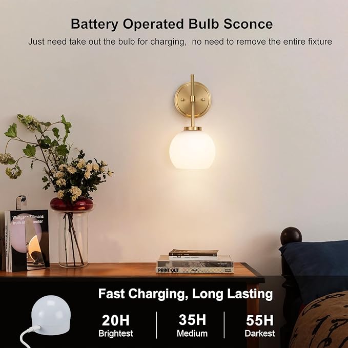 Gold Battery Operated Wall Sconce Set of 2, Wireless Rechargeable Sconces Wall Lighting with Remote Control, LED Dimmable Wall Lights with Opal White Glass Shade, 12 Colors RGB & 3 CCT Bulb
