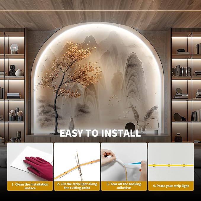 COB LED Strip Light 40ft/12m (1 Roll) Cool White 6500K High Lumen CRI 90+ with UL Listed Power Adapter RF Remote for Bedroom Counter Under Cabinet Kitchen Projects