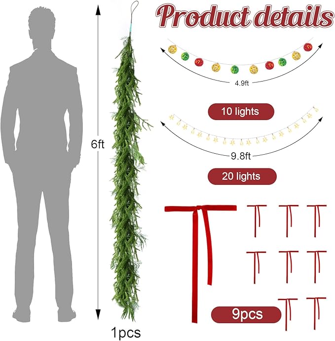 Christmas Garland with Lights for Mantle, 6 Ft Norfolk Pine Garland with 9 Christmas Bows and 2 LED Strings, Prelit Garland for Decoration Christmas, Table, Stairs, Indoor, Outdoor Decor