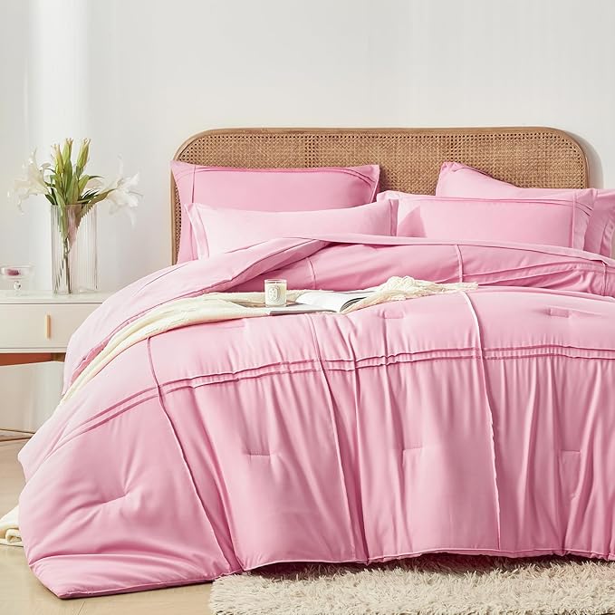 Yogeneg Pink Comforter Set Twin Size 5 Piece Bed in a Bag,Grid Pinch Pleat Twin Bedding Set,Striped Textured Soft Microfiber Comforter with Sheet Set,All Season Complete Bed Set(Pink,Twin)