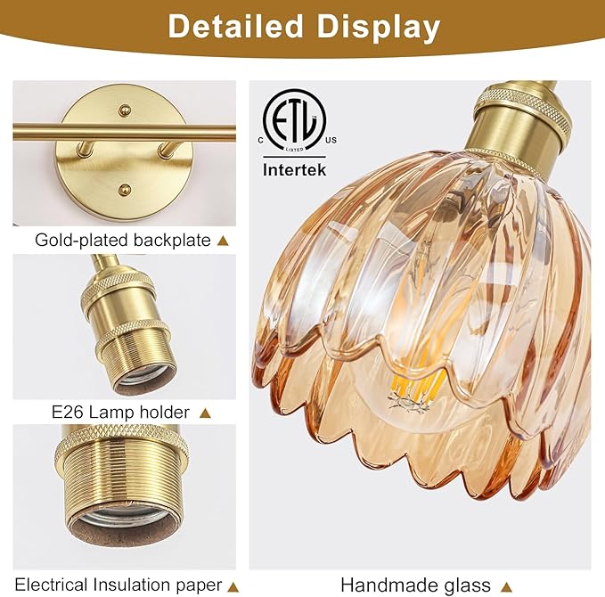 Vintage Bathroom Light Fixtures,2-Light Hardwired Vanity Lights Over Mirror,Gold Wall Sconces with Amber Tulip Glass Shade for Bathroom Living Room,E26 Socket(Bulbs Not Included)