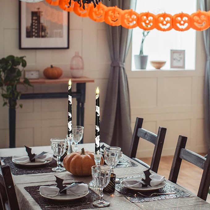 Halloween Decor Flameless Taper Candles with Remote & Timer - White Ghost Decal Black LED Taper Candles with Timer - Home Party Horror Theme Haunted House Decorations, Set of 2
