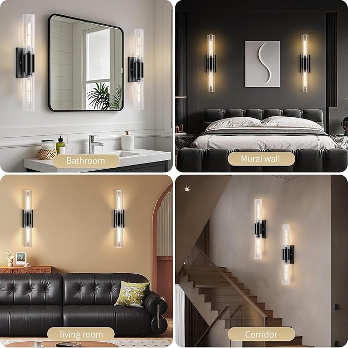 Wall Sconces Set of Two - Black Bathroom Sconces Wall Lighting with Threaded Glass Wall Lighting Fixtures Mounted Lamps for Bedroom, Bathroom, Living Room, Hallway (Black Water Pattern)
