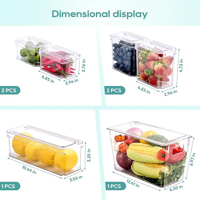 MUCHII 6 Pack Fridge Organizers and Storage, Stackable Fridge Organizer Bins with Lids, Kitchen Organizer Storage Containers for Fruit, Food, Vegetables