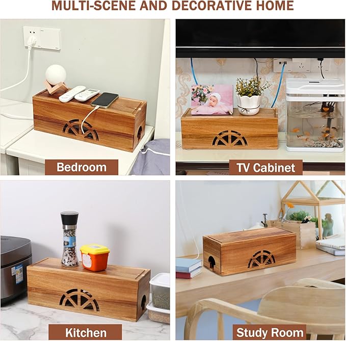 Wood Cable Management Box - 15.8" (L) x 6" (W) 5.5" (H) Acacia Wood Cable Hider Box, Cord Hider with Magnet Design & Outlet Hole, Power Strip Surge Protect & Organizer for Home Office Kitchen TV Wires