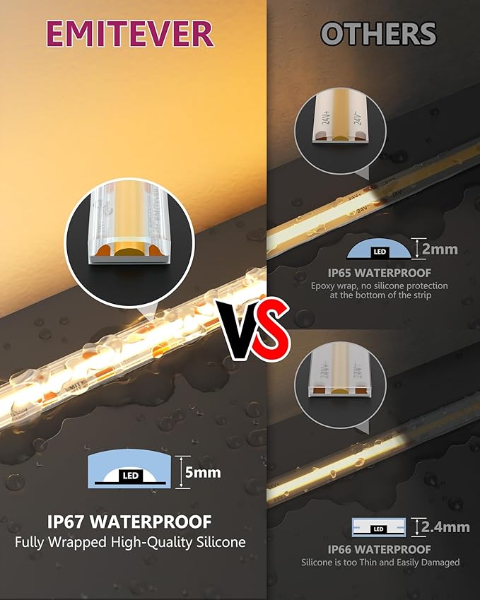 EMITEVER COB LED Strip Lights Waterproof IP67, 2700K Warm White Outdoor 24V Dimmable Silicone LED Tape Lighting 16.4ft High Density, 300+LM/ft, 2400LEDs,3W/ft, UL Listed (Power Supply Not Included)