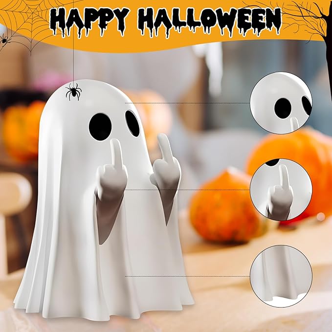 Halloween Ghost Figurine, Halloween Decor,Ghosts Middles Fingers Figurine,Spooky Cute,Haunted Porch & Indoor Home Statue,Coffee Table Centerpieces Shelf Mantel Display