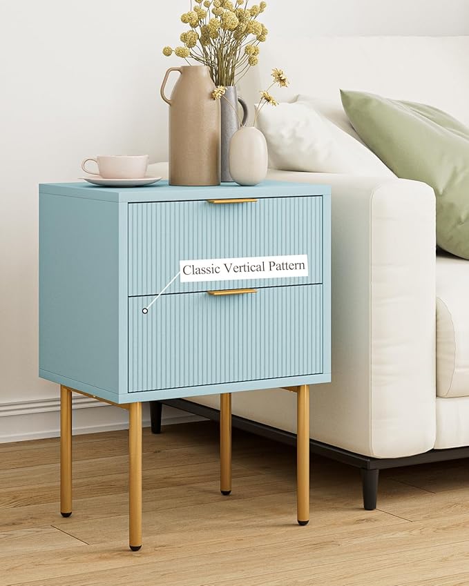 Masupu Night Stand,Mid-Century Modern Bedside Table with 2 Storage Drawer,Small Gold Frame Side End Table for Bedroom,Living Room, Blue